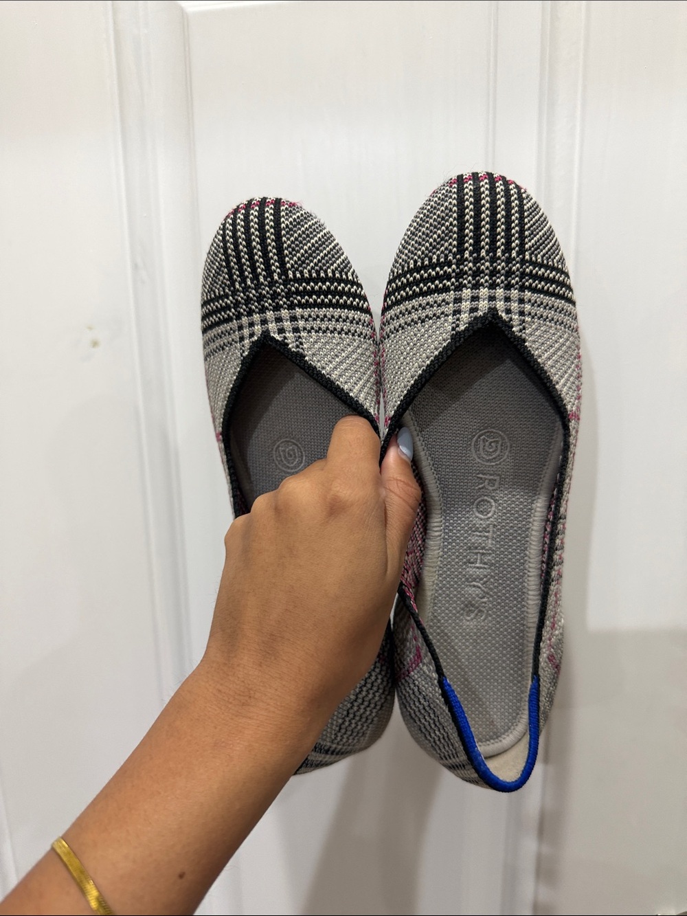 Rothy's Grey Plaid Pointed Toe Flats with Pink & Blue Trim